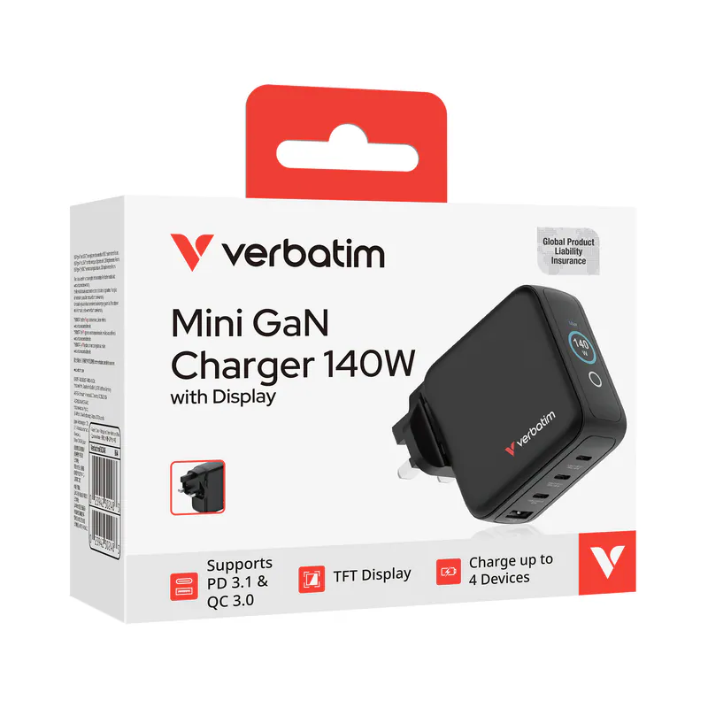 VERBATIM 140W迷你GaN牆式充電器 (帶顯示屏+英規插頭) 30248 [香港行貨]