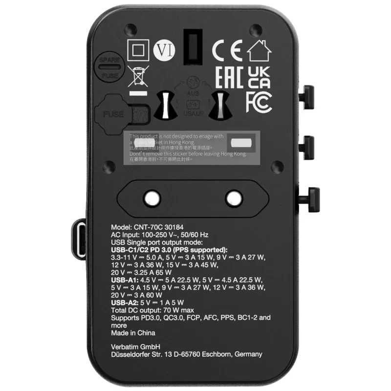 VERBATIM Charge 'n' Travel 70W 通用旅行轉插 (附USB-C可伸縮充電線) 30184 (香港行貨一年保養)