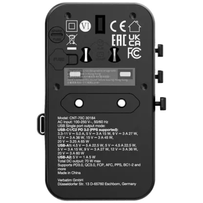 VERBATIM Charge 'n' Travel 70W 通用旅行轉插 (附USB-C可伸縮充電線) 30184 (香港行貨一年保養)