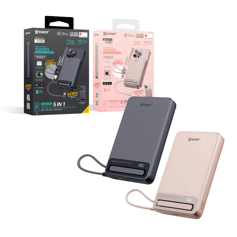 XPower MagNetoPlus Q10 Pro鋁合金10000mAh 45W PD3.0支架內置線及數顯QI2磁吸移動電源 [香港行貨一年保養]