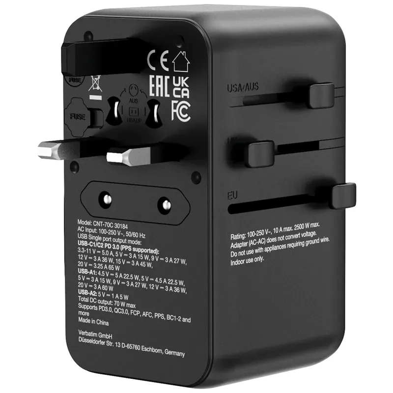 VERBATIM Charge 'n' Travel 70W 通用旅行轉插 (附USB-C可伸縮充電線) 30184 (香港行貨一年保養)