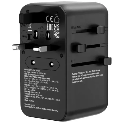 VERBATIM Charge 'n' Travel 70W 通用旅行轉插 (附USB-C可伸縮充電線) 30184 (香港行貨一年保養)