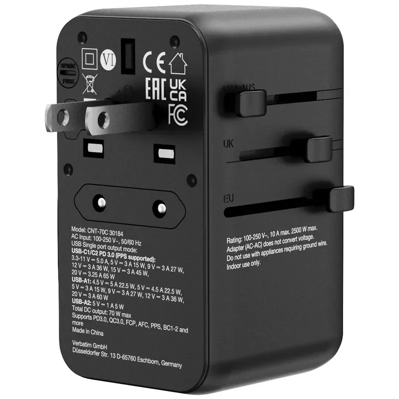 VERBATIM Charge 'n' Travel 70W 通用旅行轉插 (附USB-C可伸縮充電線) 30184 (香港行貨一年保養)