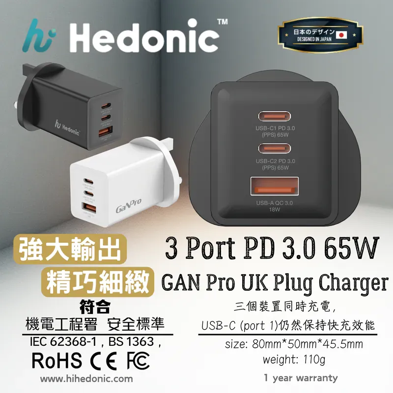 Hedonic 3 Port PD 3.0 65W GAN Pro 快充英規火牛 [香港行貨一年保養]
