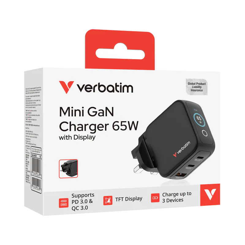 VERBATIM 65W迷你GaN牆式充電器(帶顯示屏+英規插頭) - 30246 [香港行貨]