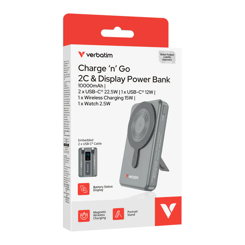 VERBATIM Charge 'n' Go 10000mAh 2C + LED螢幕 流動充電池 [香港行貨]