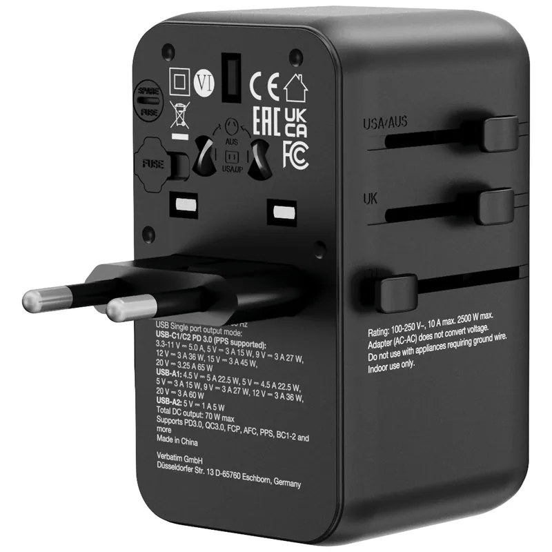 VERBATIM Charge 'n' Travel 70W 通用旅行轉插 (附USB-C可伸縮充電線) 30184 (香港行貨一年保養)