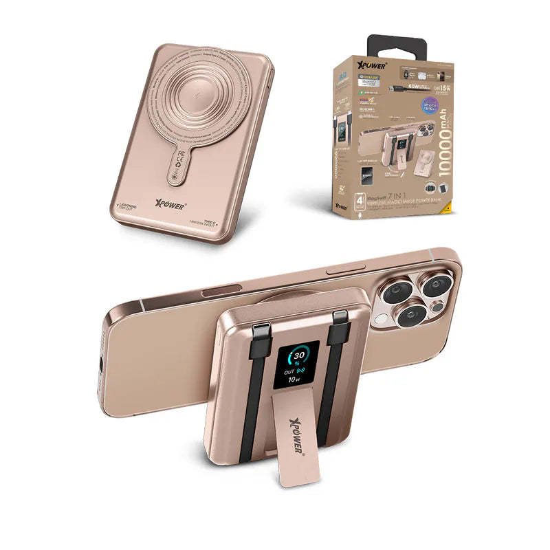 XPower MagSwift 10000mAh  7合1多功能數顯 Type-C PD/Lightning雙內置線+磁吸PD3.0無線移動電源 - [香港行貨]-DIGIBAL ONLINE