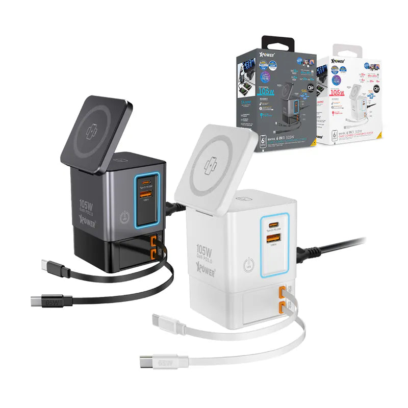 XPower RN105 Qi2 6輸出 105W GaN 雙無線快充+雙內置伸縮線塔式充電器 [香港行貨]-DIGIBAL ONLINE