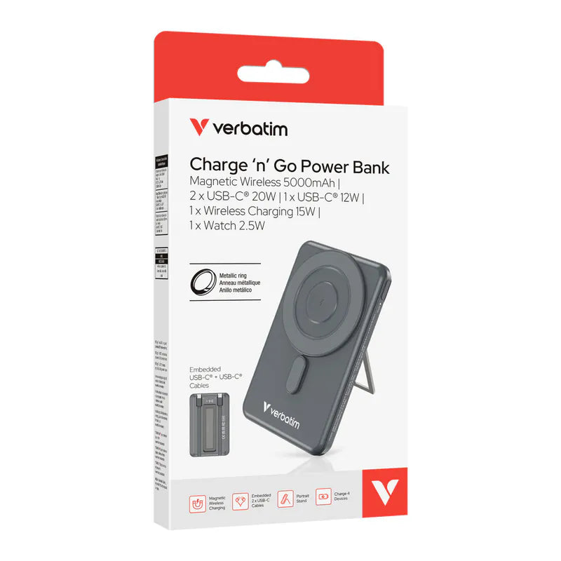 VERBATIM 5合1 Charge 'n' Go 5000 磁吸無線流動充電池 (WPBS2C5) *3C 認證 - 香港行貨-DIGIBAL ONLINE