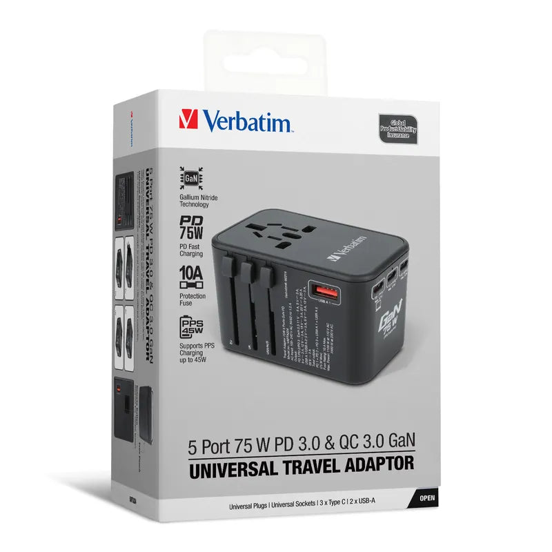 VERBATIM 5 端口 75W PD 3.0 & QC 3.0 GaN 通用旅行轉插 [香港行貨]-DIGIBAL ONLINE