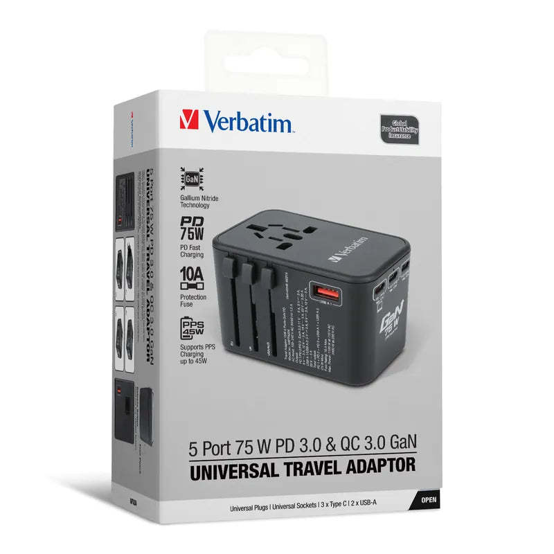 VERBATIM 5 端口 75W PD 3.0 & QC 3.0 GaN 通用旅行轉插 [香港行貨]-DIGIBAL ONLINE