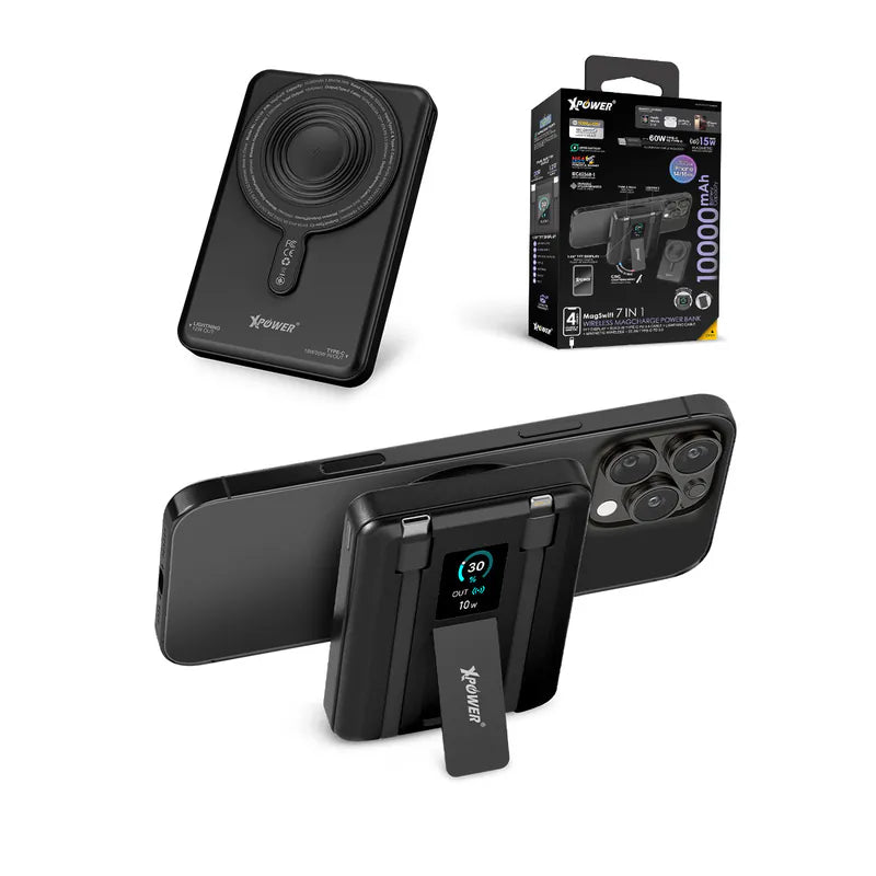 XPower MagSwift 10000mAh  7合1多功能數顯 Type-C PD/Lightning雙內置線+磁吸PD3.0無線移動電源 - [香港行貨]-DIGIBAL ONLINE