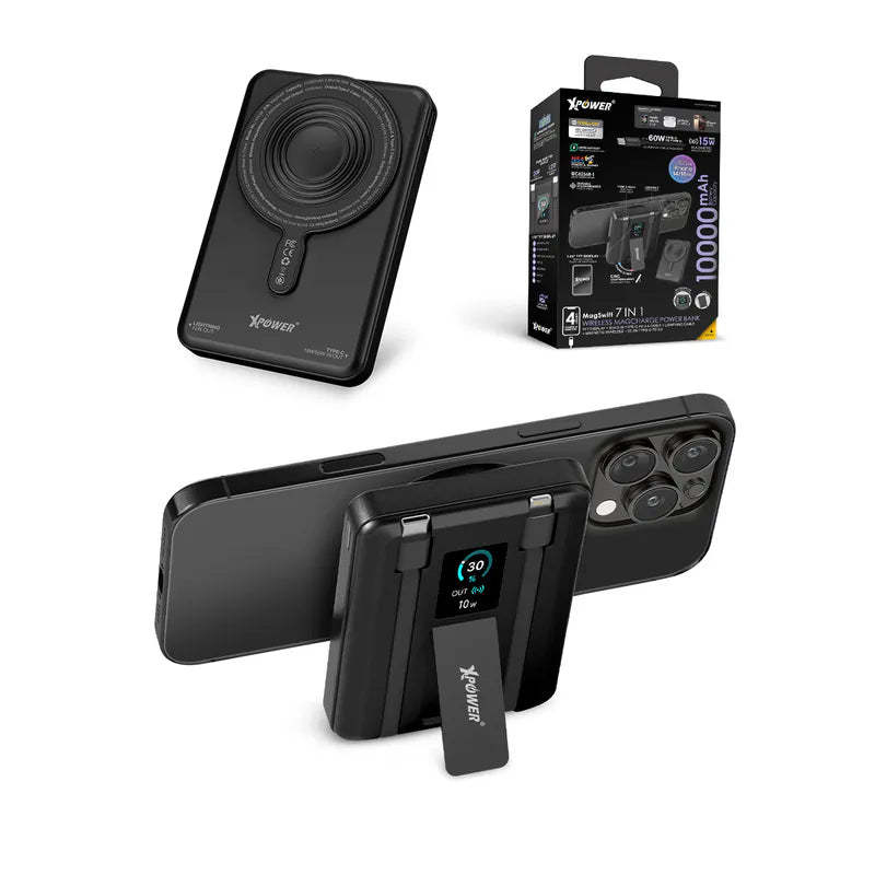 XPower MagSwift 10000mAh  7合1多功能數顯 Type-C PD/Lightning雙內置線+磁吸PD3.0無線移動電源 - [香港行貨]-DIGIBAL ONLINE