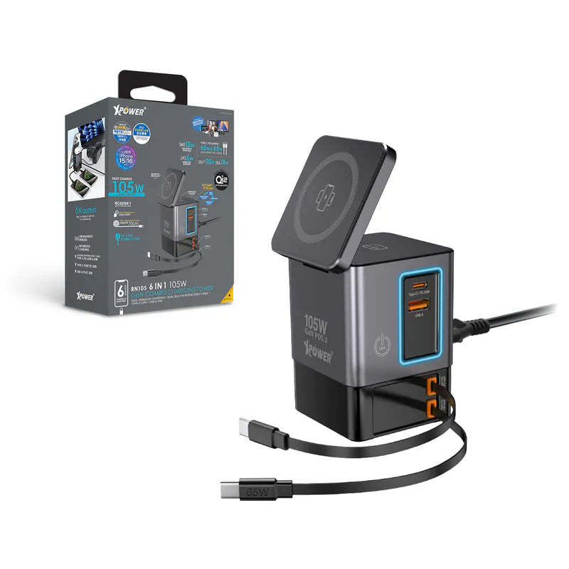 XPower RN105 Qi2 6輸出 105W GaN 雙無線快充+雙內置伸縮線塔式充電器 [香港行貨]-DIGIBAL ONLINE