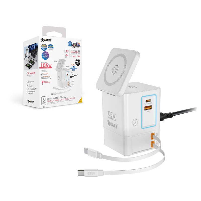 XPower RN105 Qi2 6輸出 105W GaN 雙無線快充+雙內置伸縮線塔式充電器 [香港行貨]-DIGIBAL ONLINE