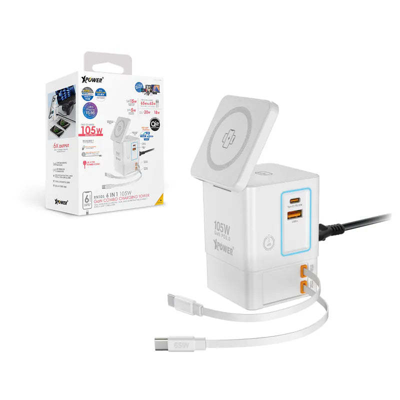 XPower RN105 Qi2 6輸出 105W GaN 雙無線快充+雙內置伸縮線塔式充電器 [香港行貨]-DIGIBAL ONLINE
