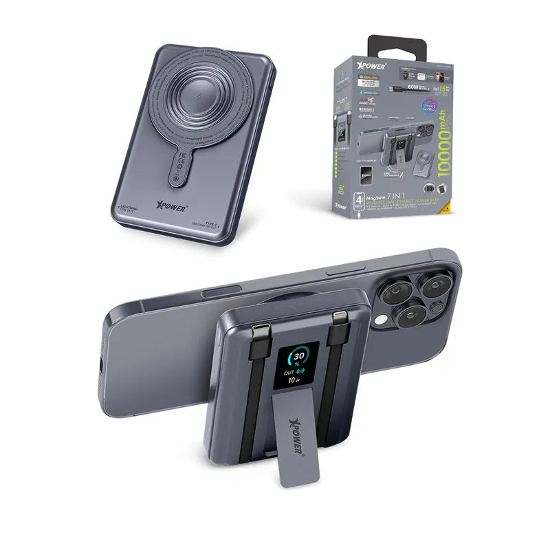 XPower MagSwift 10000mAh  7合1多功能數顯 Type-C PD/Lightning雙內置線+磁吸PD3.0無線移動電源 - [香港行貨]-DIGIBAL ONLINE