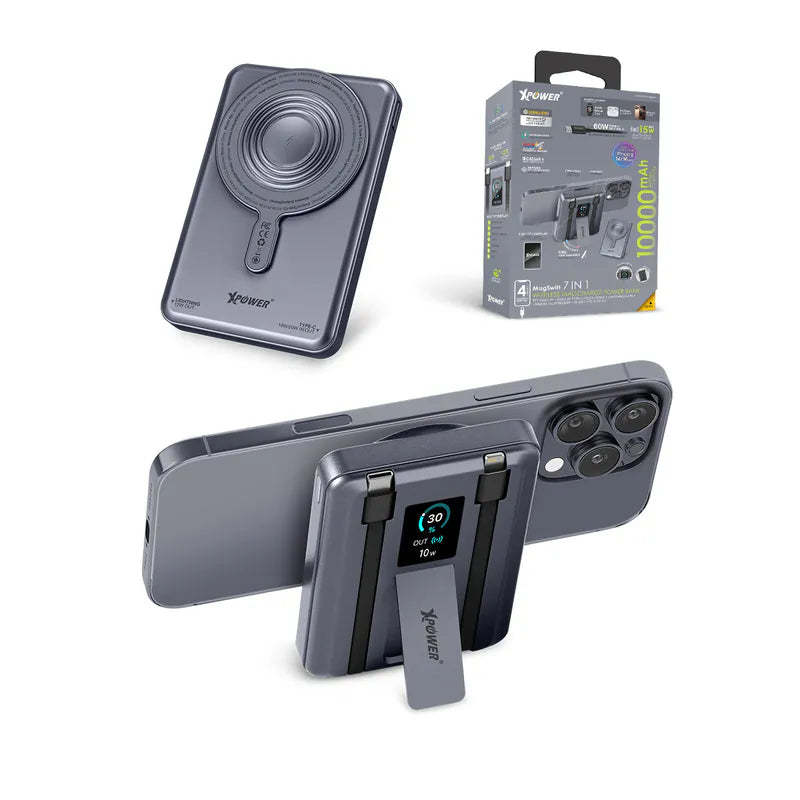 XPower MagSwift 10000mAh  7合1多功能數顯 Type-C PD/Lightning雙內置線+磁吸PD3.0無線移動電源 - [香港行貨]-DIGIBAL ONLINE