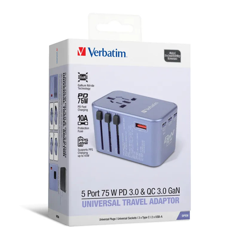 VERBATIM 5 端口 75W PD 3.0 & QC 3.0 GaN 通用旅行轉插 [香港行貨]-DIGIBAL ONLINE