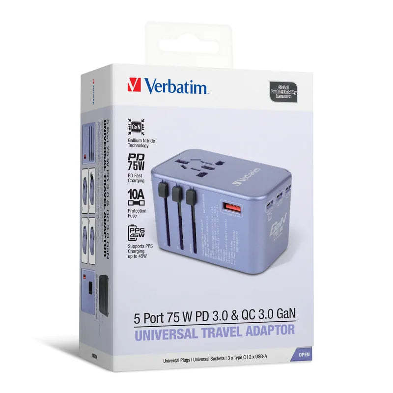 VERBATIM 5 端口 75W PD 3.0 & QC 3.0 GaN 通用旅行轉插 [香港行貨]-DIGIBAL ONLINE
