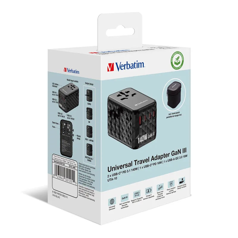 VERBATIM GaN III 140W 通用旅行轉插 - 32125 [香港行貨]-DIGIBAL ONLINE