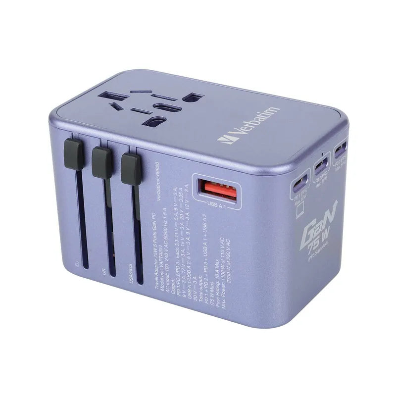 VERBATIM 5 端口 75W PD 3.0 & QC 3.0 GaN 通用旅行轉插 [香港行貨]-DIGIBAL ONLINE