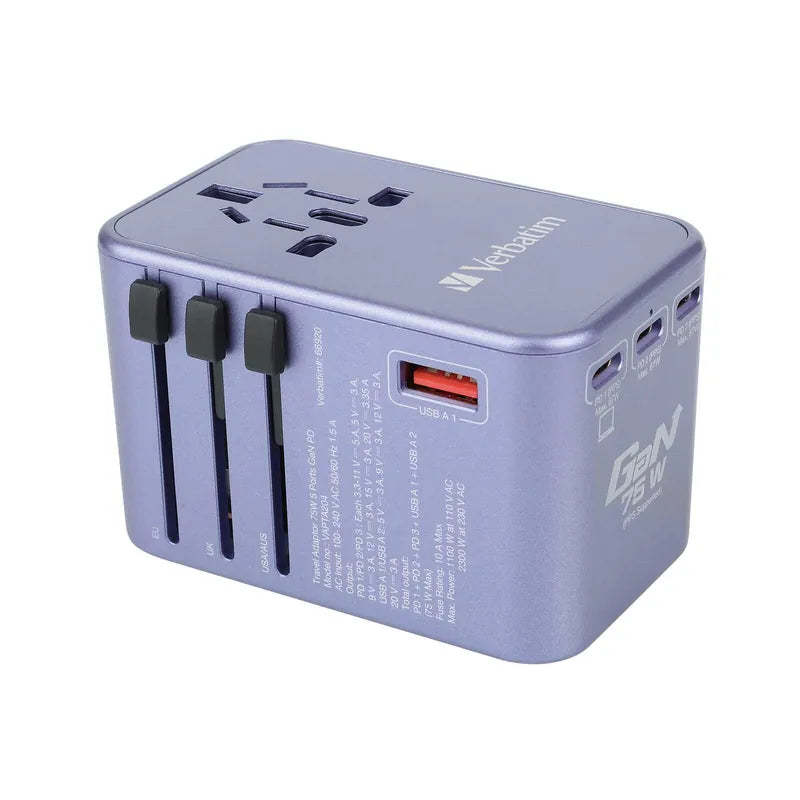 VERBATIM 5 端口 75W PD 3.0 & QC 3.0 GaN 通用旅行轉插 [香港行貨]-DIGIBAL ONLINE