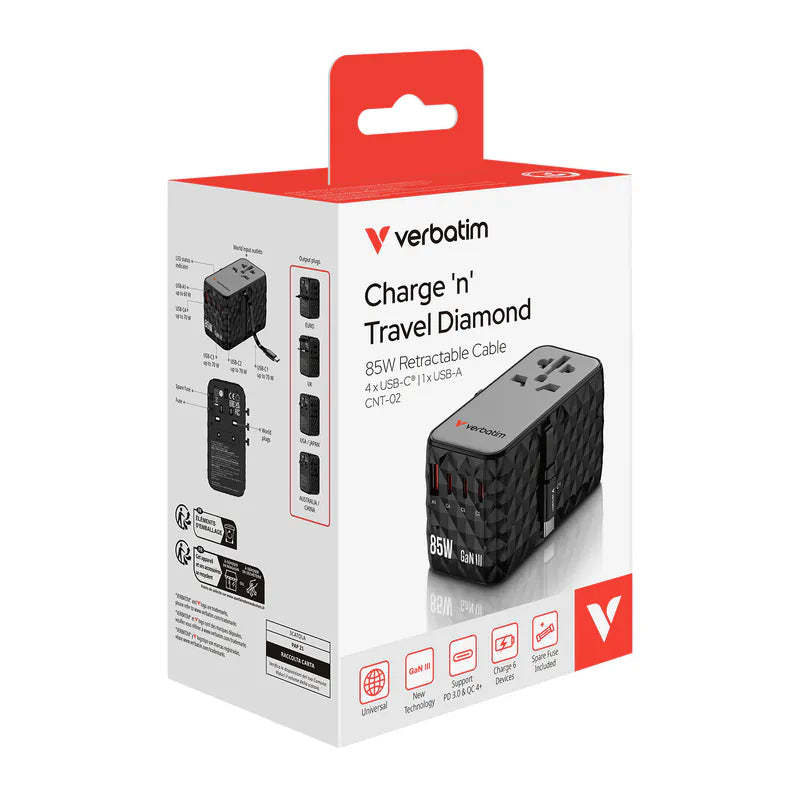 Verbatim Charge 'n' Travel Diamond 85W 通用旅行轉插連伸縮充電線 (CNT-02) - 32127  [香港行貨]-DIGIBAL ONLINE