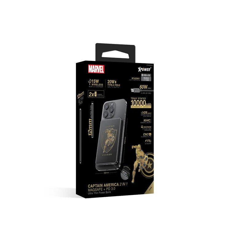 XPOWER M10K 2合1鋁合金數顯10000mAh PD3.0+磁吸無線外置充電器 - 美國隊長系列 [香港行貨]-DIGIBAL ONLINE