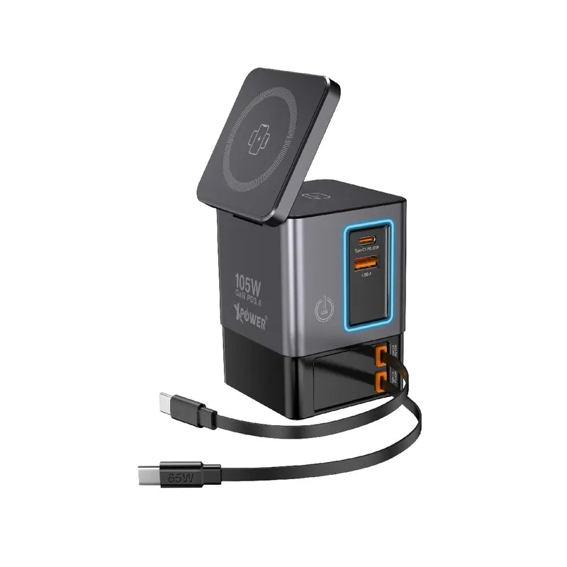 XPower RN105 Qi2 6輸出 105W GaN 雙無線快充+雙內置伸縮線塔式充電器 [香港行貨]-DIGIBAL ONLINE