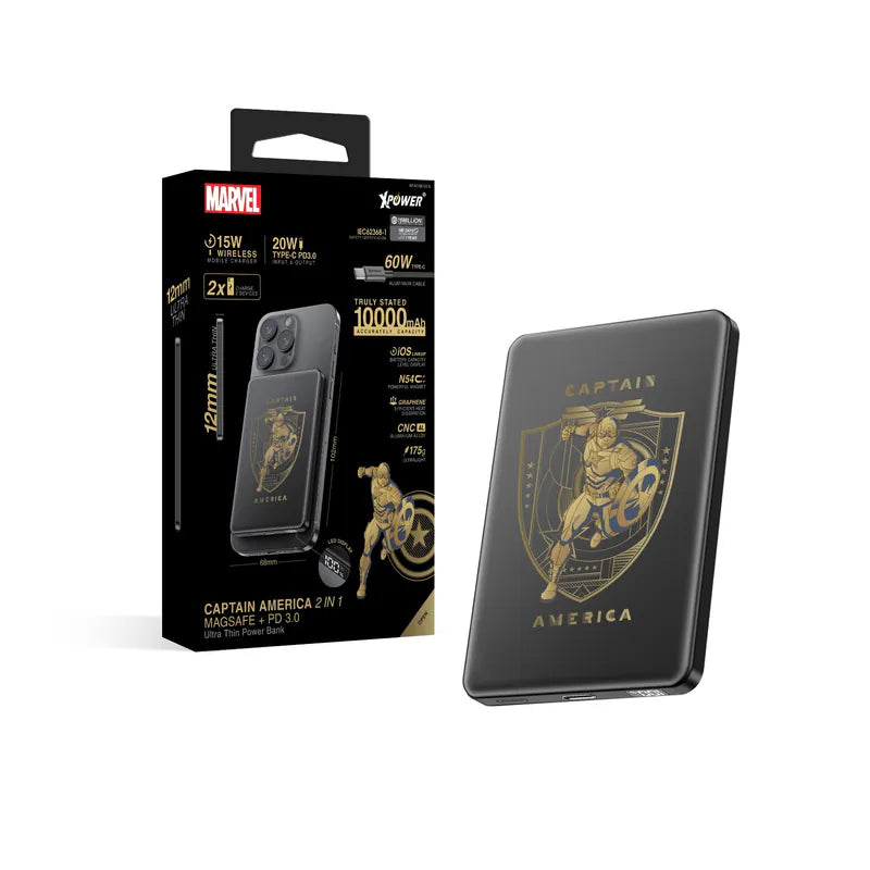 XPOWER M10K 2合1鋁合金數顯10000mAh PD3.0+磁吸無線外置充電器 - 美國隊長系列 [香港行貨]-DIGIBAL ONLINE