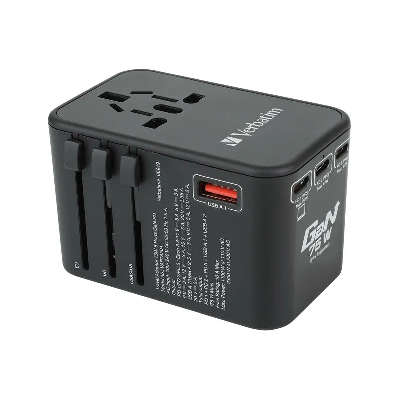VERBATIM 5 端口 75W PD 3.0 & QC 3.0 GaN 通用旅行轉插 [香港行貨]-DIGIBAL ONLINE