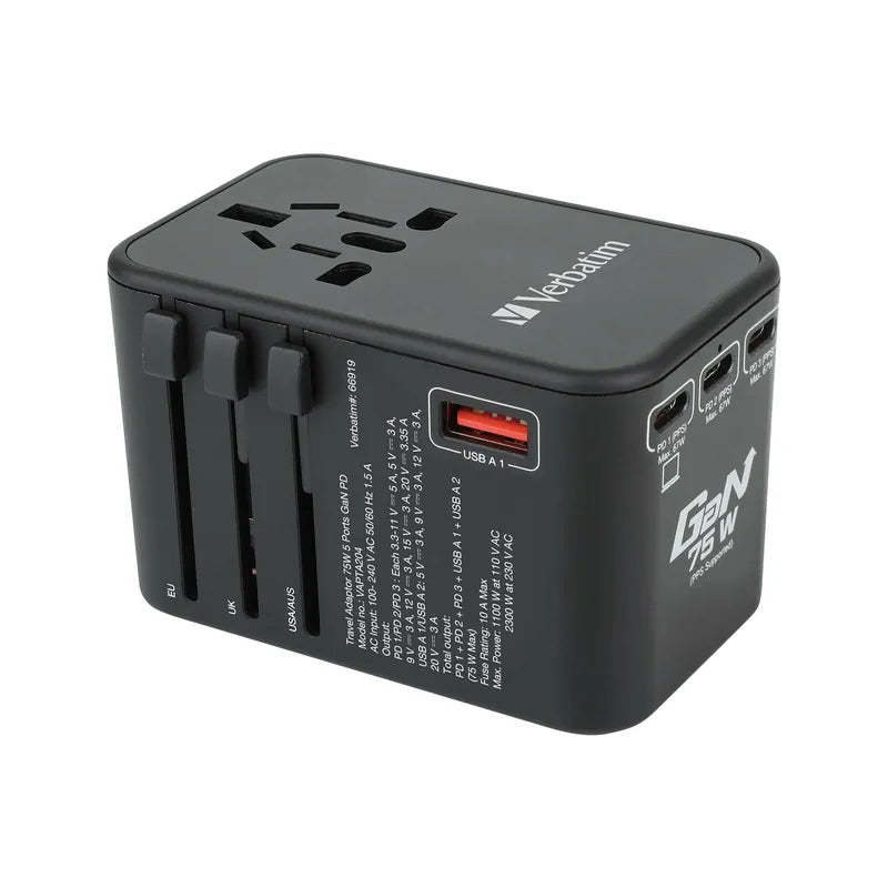 VERBATIM 5 端口 75W PD 3.0 & QC 3.0 GaN 通用旅行轉插 [香港行貨]-DIGIBAL ONLINE