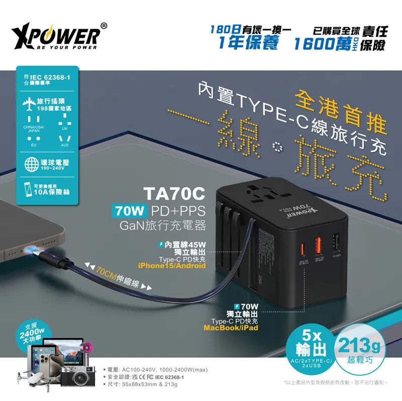 XPower TA70C 內置線 70W PD+PPS GaN旅行充電器 [香港行貨]-DIGIBAL ONLINE