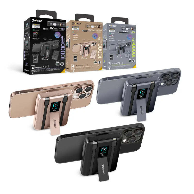 XPower MagSwift 10000mAh  7合1多功能數顯 Type-C PD/Lightning雙內置線+磁吸PD3.0無線移動電源 - [香港行貨]-DIGIBAL ONLINE