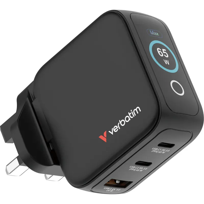 VERBATIM 65W迷你GaN牆式充電器(帶顯示屏+英規插頭) - 30246 [香港行貨]