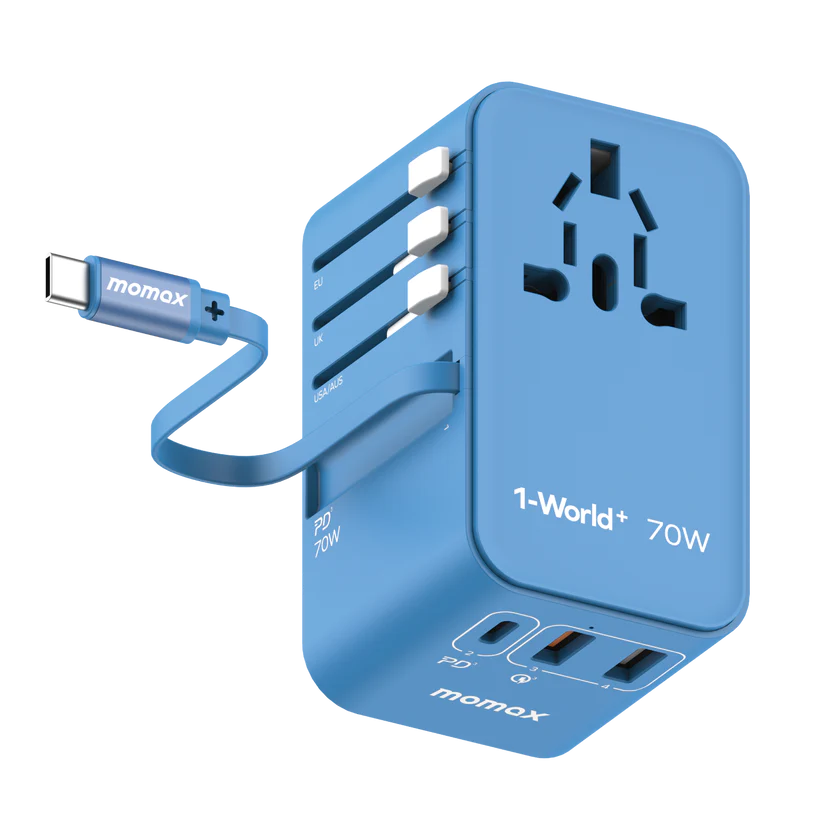 MOMAX 1-World+ 70W GaN 3插口及內置伸縮USB-C充電線旅行插座 [二年保養]-DIGIBAL ONLINE
