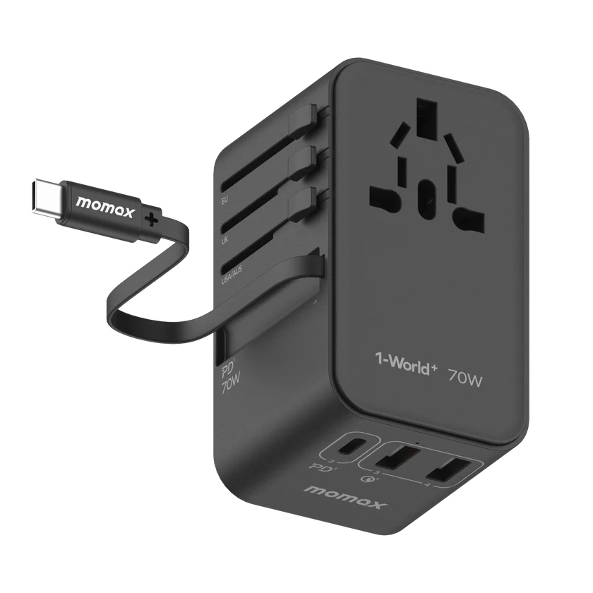 MOMAX 1-World+ 70W GaN 3插口及內置伸縮USB-C充電線旅行插座 [二年保養]-DIGIBAL ONLINE