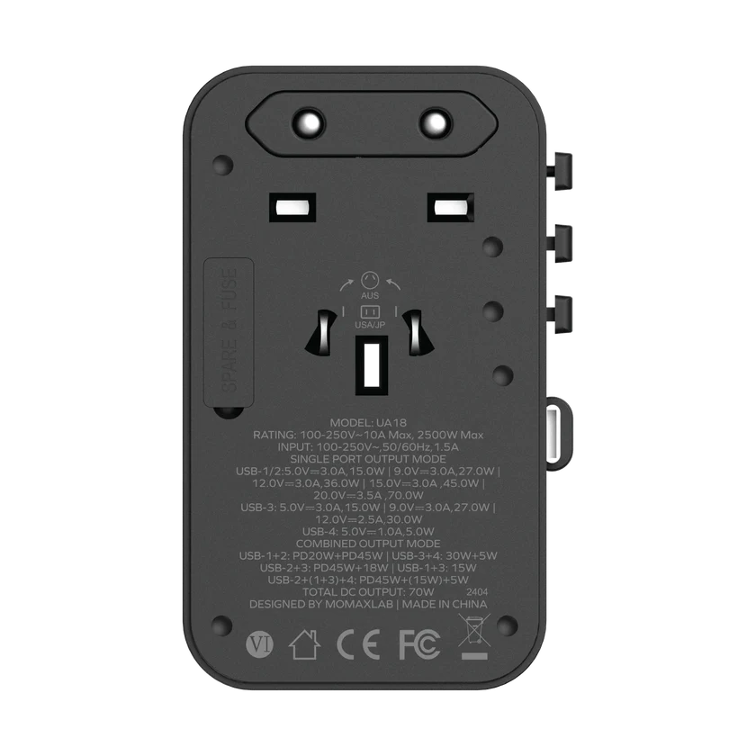 MOMAX 1-World+ 70W GaN 3插口及內置伸縮USB-C充電線旅行插座 [二年保養]-DIGIBAL ONLINE