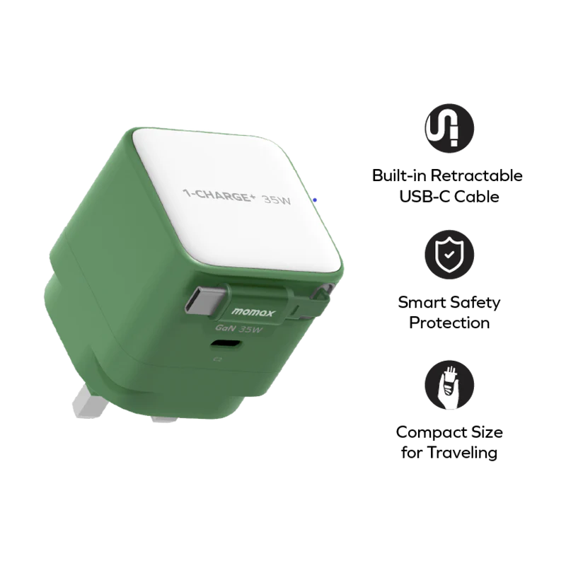 MOMAX 1-CHARGE+ 1 連接埠 GaN 35W 充電器，附可伸縮 USB-C線 [香港行貨]-DIGIBAL ONLINE