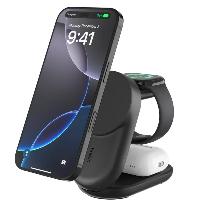 BELKIN UltraCharge 3 合 1 Qi2 25W 摺疊磁吸充電器 黑色 WIZ037myBK 香港行貨