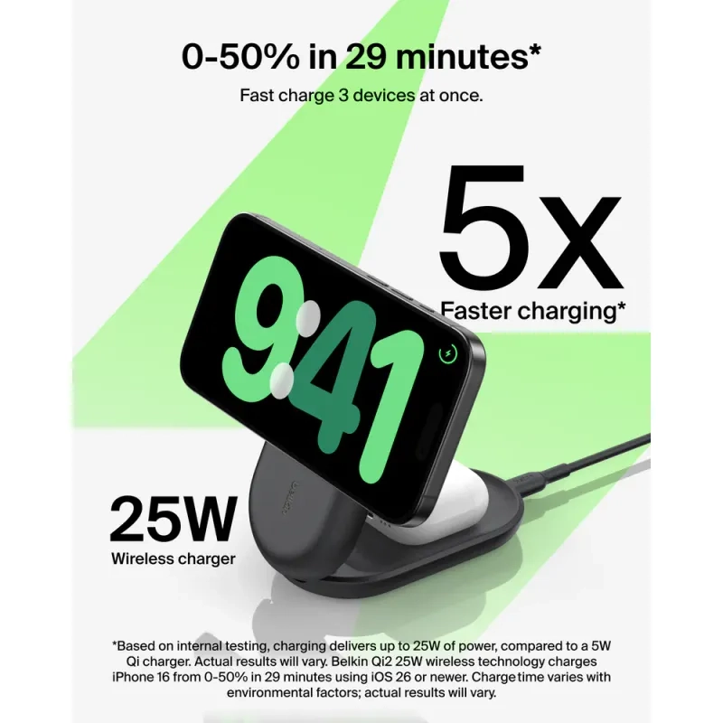 BELKIN UltraCharge 3 in 1 Qi2 25W faltbares magnetisches Ladegerät weiß WIZ037myWH Hongkong Ware Produktbild