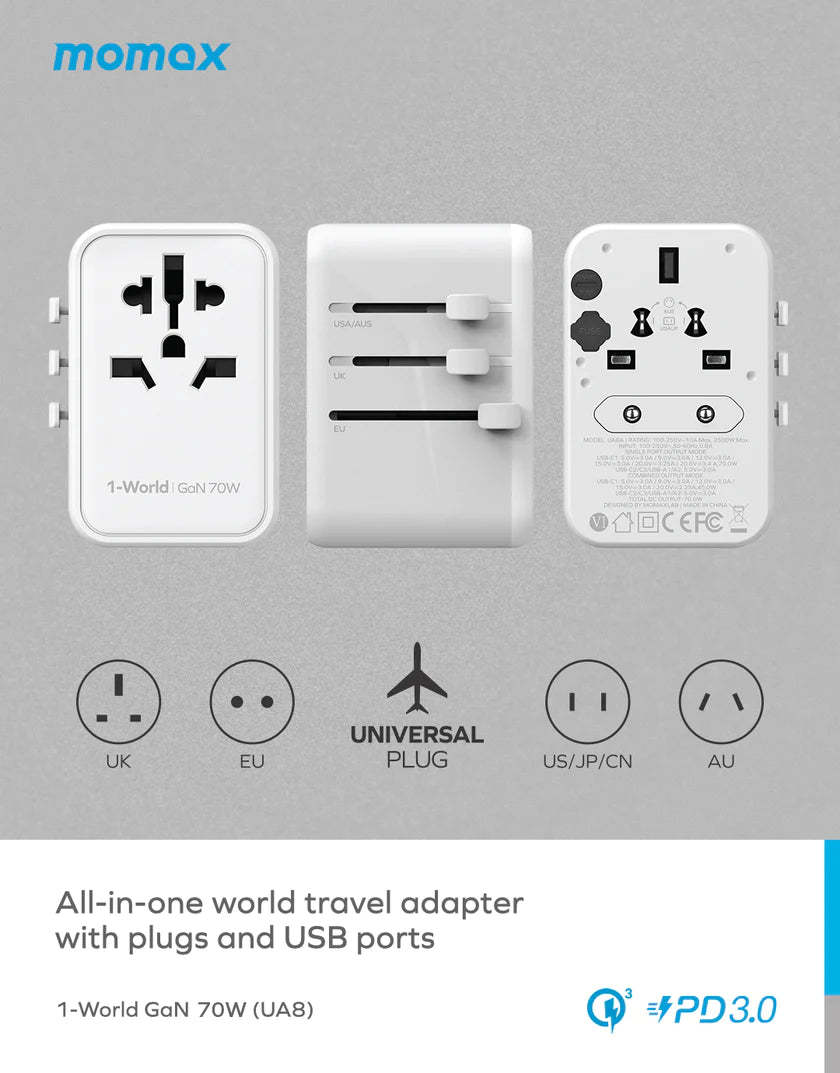 MOMAX 1-World 70W GaN Convenient Travel Socket [Hong Kong Genuine Goods] - DIGIBAL ONLINE