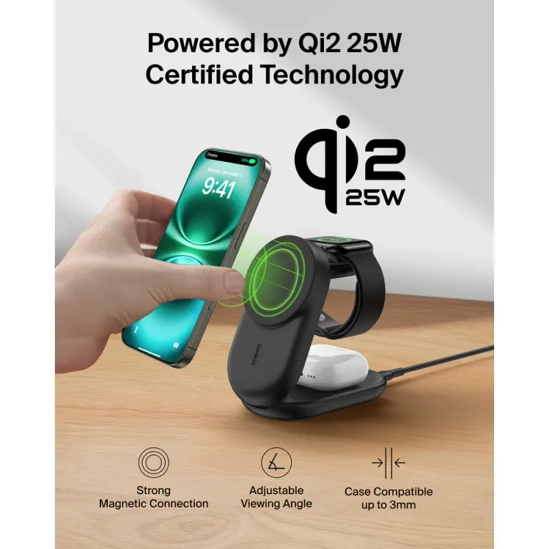 BELKIN UltraCharge 3 in 1 Qi2 25W faltbares magnetisches Ladegerät weiß WIZ037myWH Hongkong Ware Produktbild