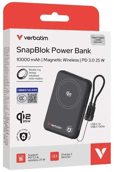 Verbatim SnapBlok 10000mAh Qi2.2 25W / 25W 半固態磁吸無線充電器尿袋 香港行貨