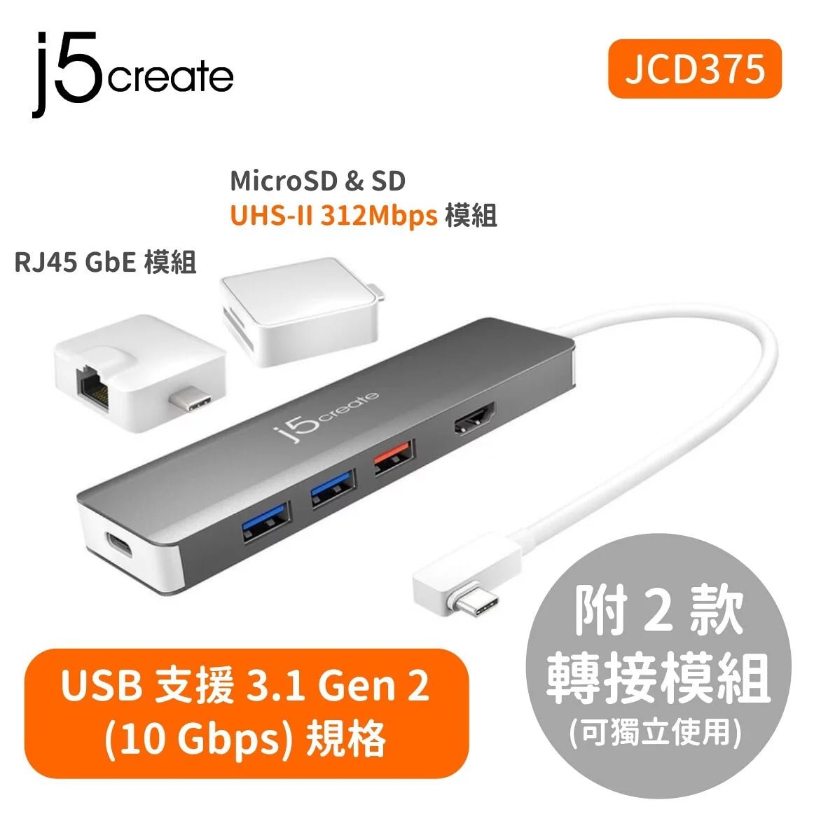 J5create JCD375 9 合 1 SuperSpeed+ USB - C 3.1 Gen2 模組化 多功能擴充集線器 [香港保養] - DIGIBAL ONLINE2