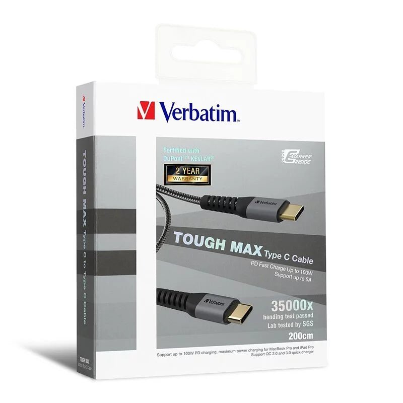 Verbatim Tough Max Type-C to Type-C PD 100W 充電傳輸線-  30cm/1.2m/2m [香港行貨]-DIGIBAL ONLINE