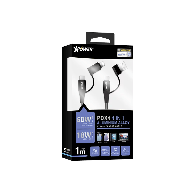XPower PDX4 4合1 60W PD3.0 鋁合金傳輸充電線 [香港行貨] - DIGIBAL ONLINE