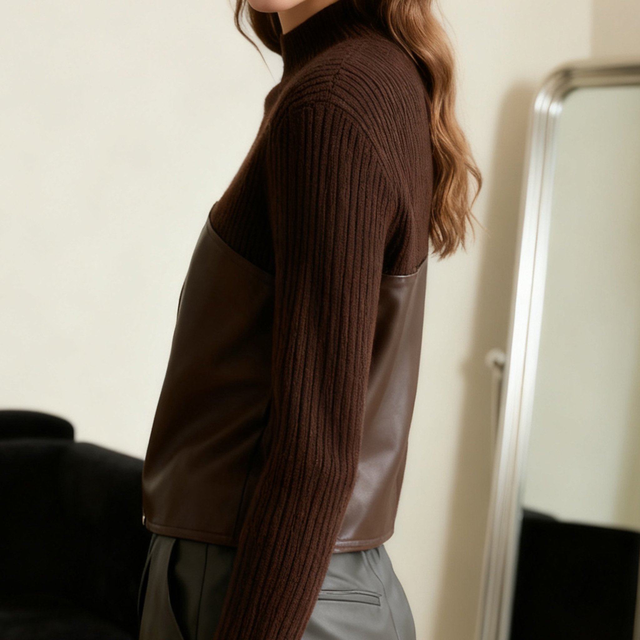 여성용 니트의 세련된 가죽 디테일 클로즈업